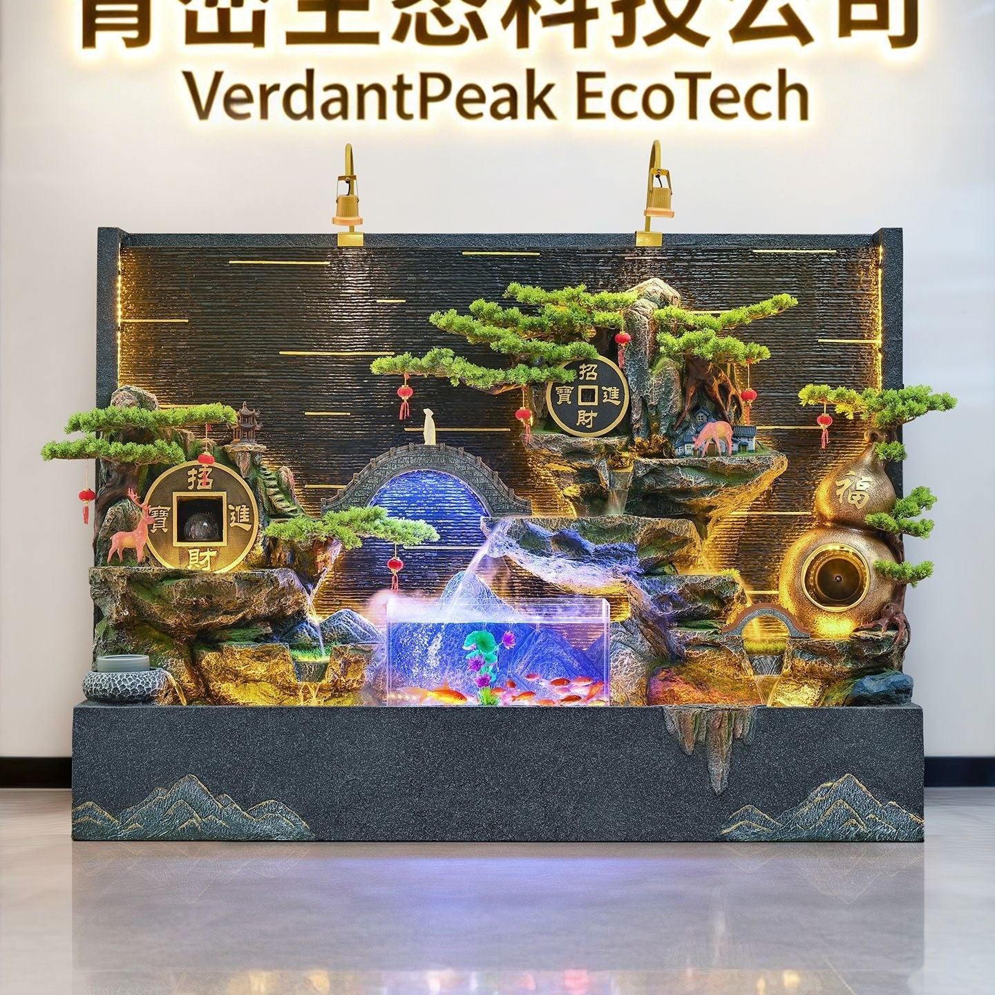 Rockery Water Fountain Ornament, Feng Shui Water Wheel, Floor Standing Water Curtain Screen with Circulating Water, Wealth Attracting Decor for Office