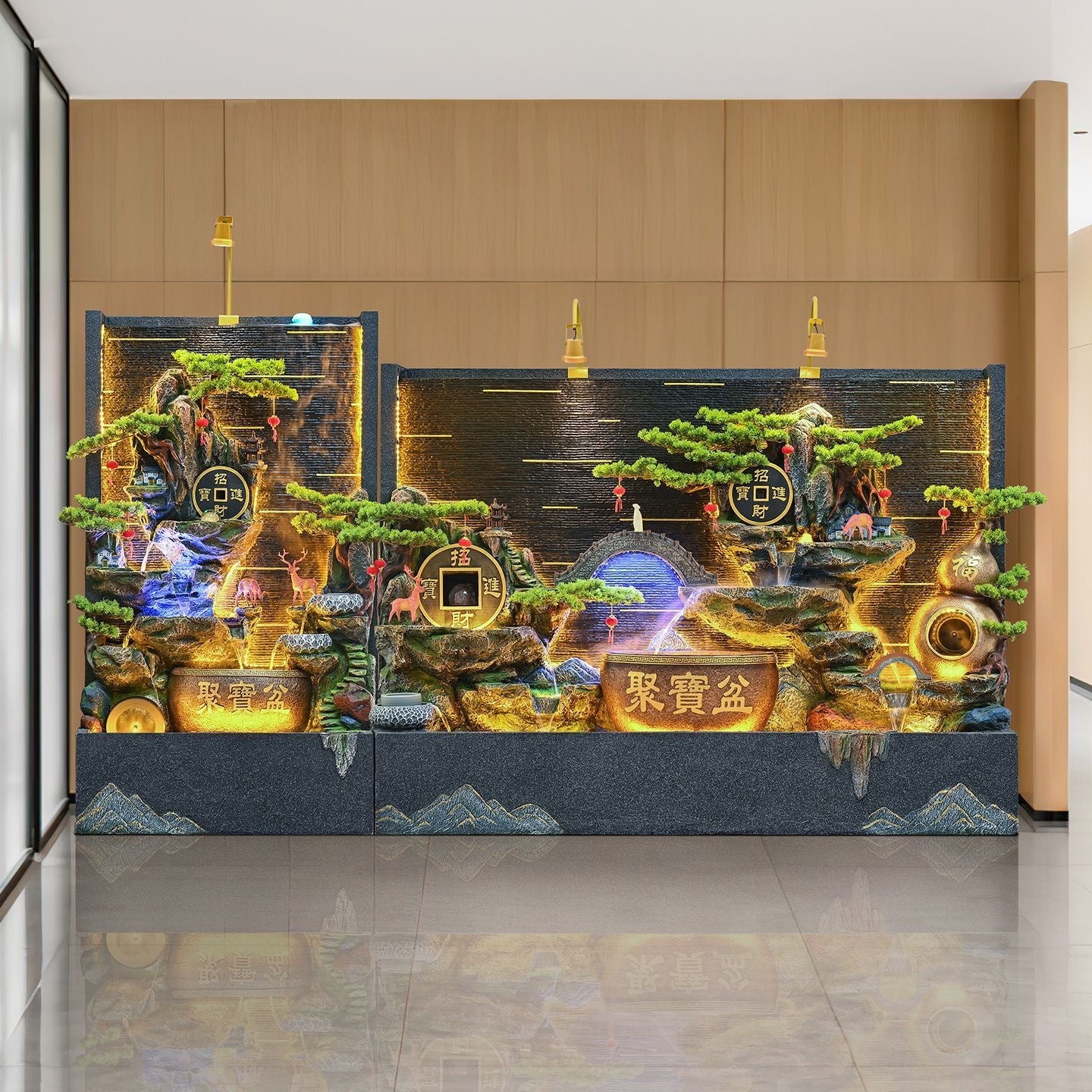 Rockery Water Fountain Ornament, Feng Shui Water Wheel, Floor Standing Water Curtain Screen with Circulating Water, Wealth Attracting Decor for Office