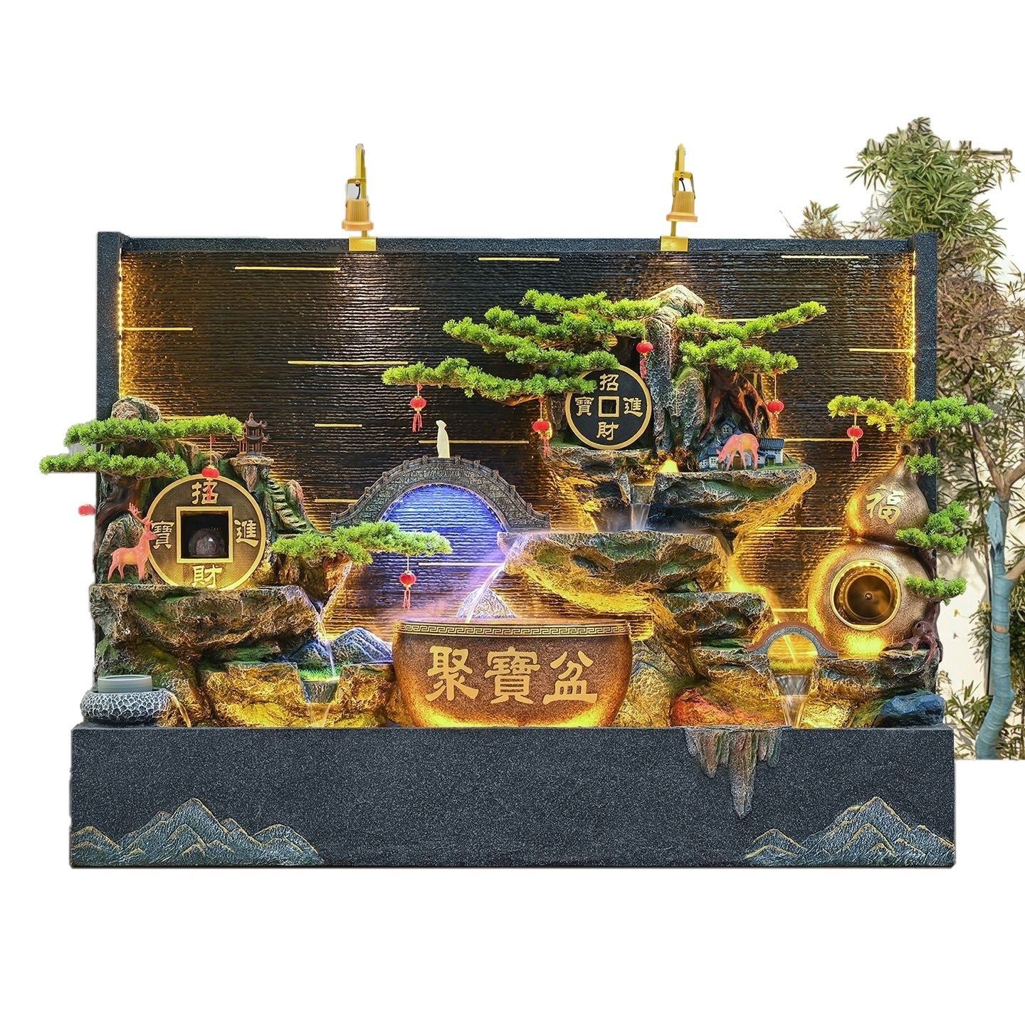 Rockery Water Fountain Ornament, Feng Shui Water Wheel, Floor Standing Water Curtain Screen with Circulating Water, Wealth Attracting Decor for Office