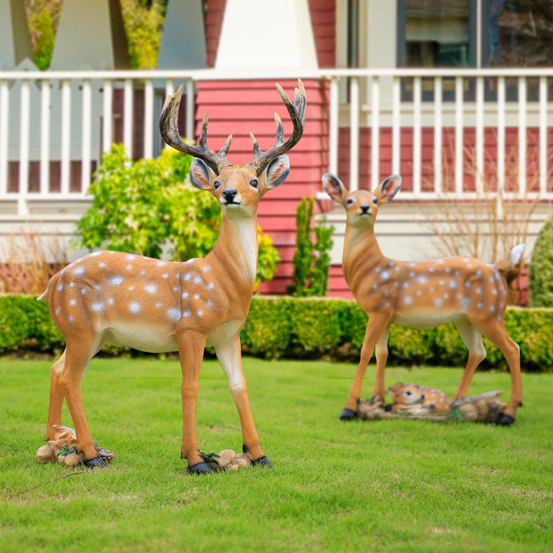 Outdoor Fiberglass Sika Deer Sculpture, Life-size Resin Deer Statue for Garden, Courtyard, Villa Landscape Ornament